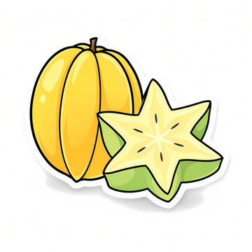 Vector Illustration of a Fresh Ripe Yellow Whole Starfruit and a Green Sliced Carambola Fruit with White Border and Soft Shadow, Isolated on White Background for Graphic Design
