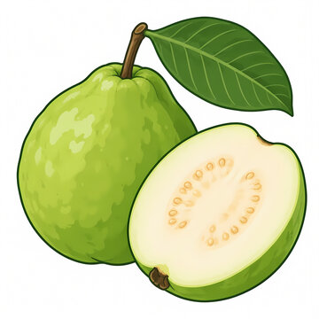 Vector Illustration of a Fresh Whole Green Guava and a Half Cut Sliced Fruit with Leaf and Seeds Isolated on White Background, Bold Graphic Design for Food and Healthy Nutrition Concept