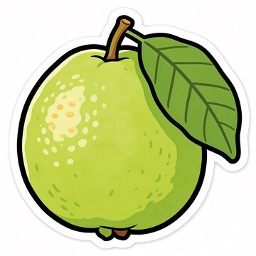 Vector Illustration of a Fresh Whole Green Guava Fruit with a Leaf Isolated on White Background, Bold Cartoon Style Sticker Design for Healthy Food and Tropical Fruit Concept