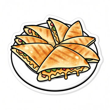 Vector Illustration of a Plate Filled with Delicious Grilled Quesadillas Folded into Triangles with Melted Cheese and Vegetables, Food Sticker Concept Isolated on White Background