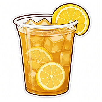 Vector illustration of a refreshing iced lemon tea or lemonade in a clear plastic cup with ice cubes and citrus slices, isolated on a white background for summer beverage design.
