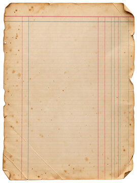 Vintage aged ledger paper sheet with stained edges, antique lined accounting paper background, distressed beige parchment sheet for graphic design