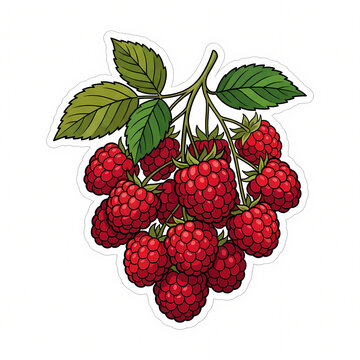 Vibrant Vector Illustration of a Fresh Red Raspberry Cluster with Green Leaves and Bold Black Outlines, Isolated on White Background for Food, Beverage, and Healthy Lifestyle Design