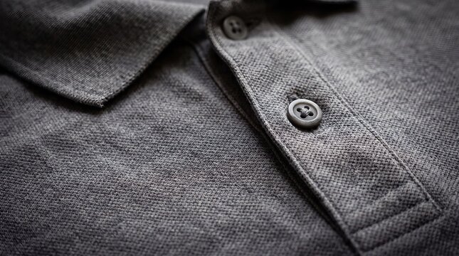 Heather grey polo shirt placket close up with piqu fabric texture
