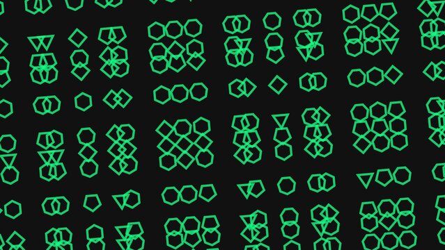 Green geometric neon shapes pattern on dark background featuring abstract lines