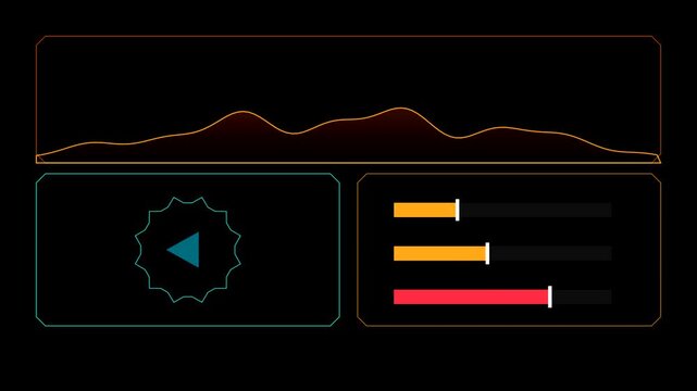 HUD graphic interface with data charts and audio wave