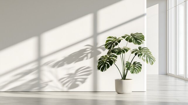 Monstera plant in a minimalist architectural interior with large windows and warm sunlight, stylish and serene