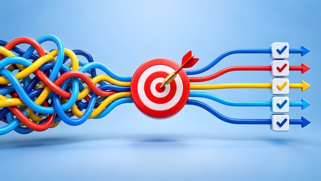 Red target bullseye aligning tangled cables into straight checkmark arrows. Concept of complexity reduction and process optimization.