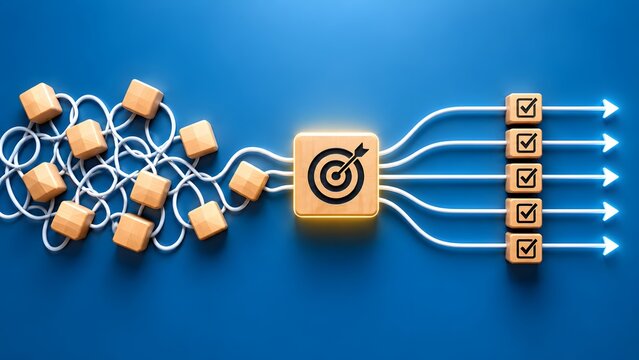 Tangled cords and wooden cubes aligning into checkmarks via a target block. Concept of complexity reduction, process optimization, and clarity.