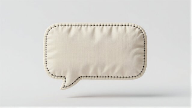 Stitched fabric speech bubble floats softly against minimalist white background.