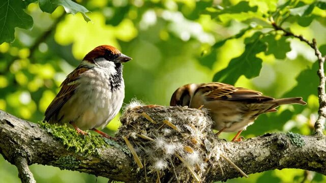 Two sparrows perched on a tree branch near their nest on a sunny day with lush green foliage