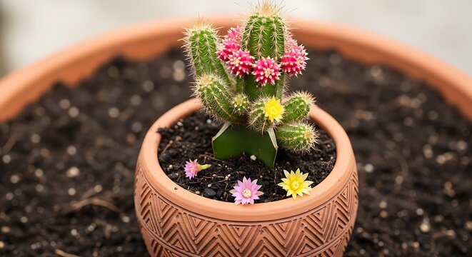 Small green cactus with colorful flowers in a patterned clay pot on dark soil