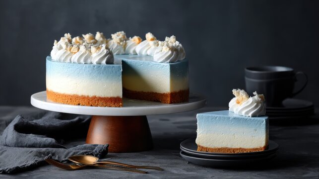 Beautiful layered cake on a white pedestal with a slice cut