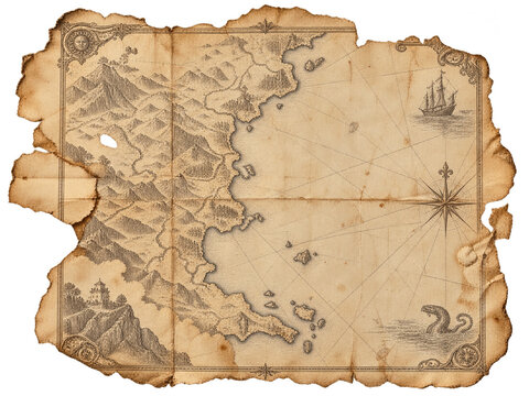 Vintage treasure map on burnt parchment paper, antique fantasy world nautical chart with sea monster for navigation, aged parchment background
