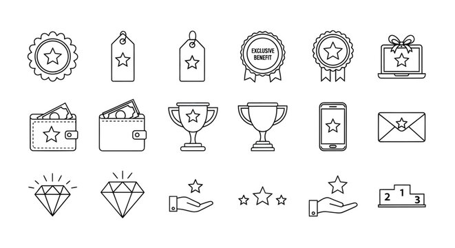 Collection of award trophies, ribbons, badges and gift icons in outline style.