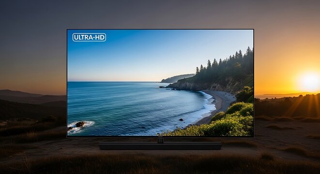 Ultra HD smart television displaying coastal landscape view during golden hour