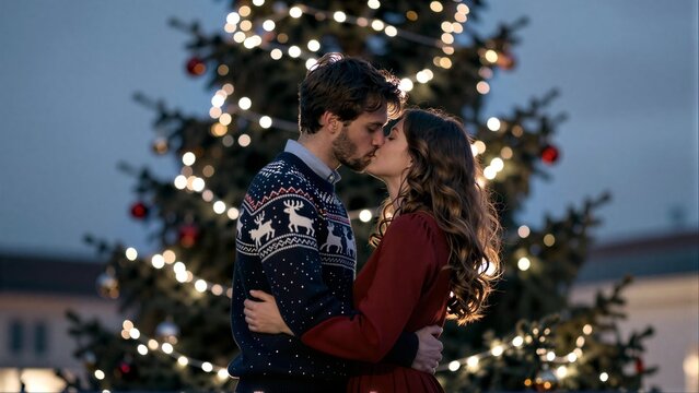 Couple kisses under twinkling Christmas tree, warm lights glow softly behind them.