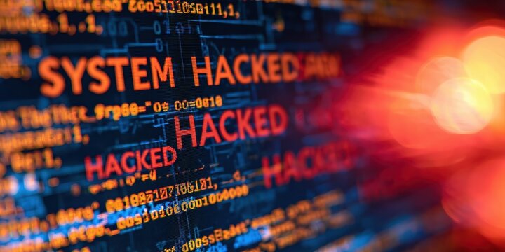 Cyber security concept showing words system hacked overlaid on computer code and binary data with bright red bokeh light effect indicating data breach