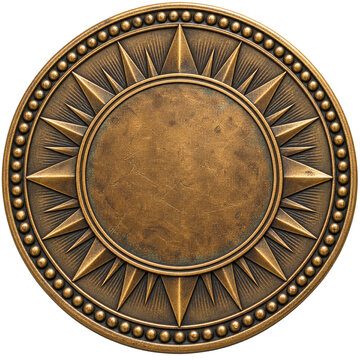 Vintage bronze compass medallion, antique brass sunburst shield emblem, metallic round celestial ornament isolated on white background