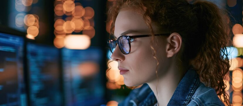 Side profile of young woman with curly red hair and glasses focused on multiple glowing computer screens in dimly lit workspace