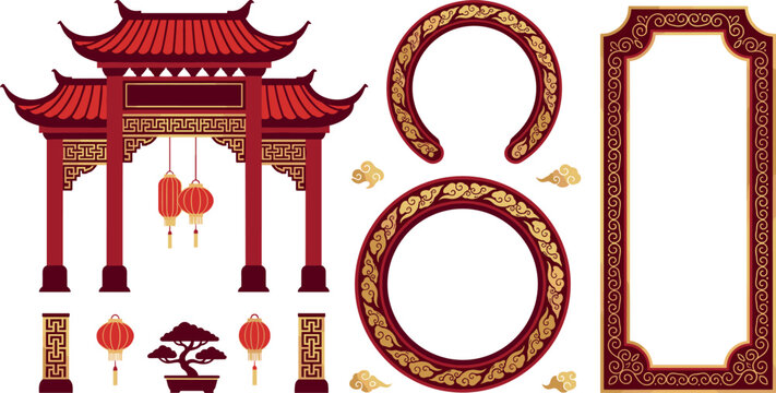Traditional Chinese New Year Vector Element Set Featuring Red Gate Pagoda Lanterns Bonsai Tree and Golden Pattern Borders for Holiday Graphic Designs