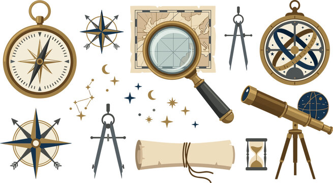 Vintage Navigation and Astronomy Vector Icon Set Featuring Antique Compass Telescope Magnifying Glass Scroll Map Astrolabe and Celestial Star Elements for Designs