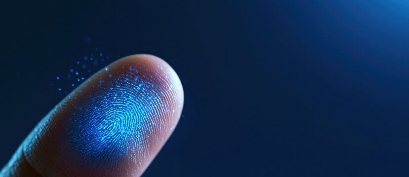 Close up of human finger with glowing digital fingerprint scan overlay representing biometric security and data privacy technology.
