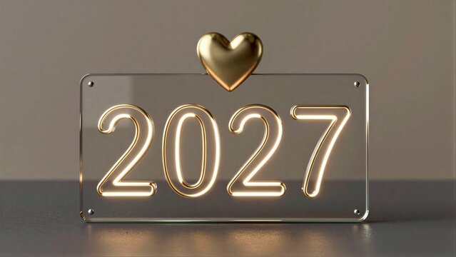 Golden 2027 neon sign with a heart above, symbolizing love and new beginnings.