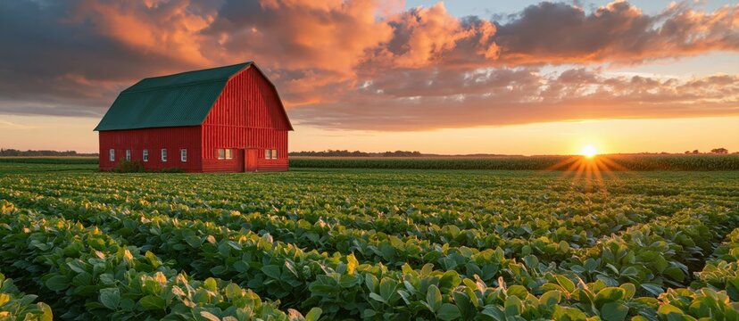 Red barn in green crop field at sunset under dramatic cloudy sky, wide landscape view