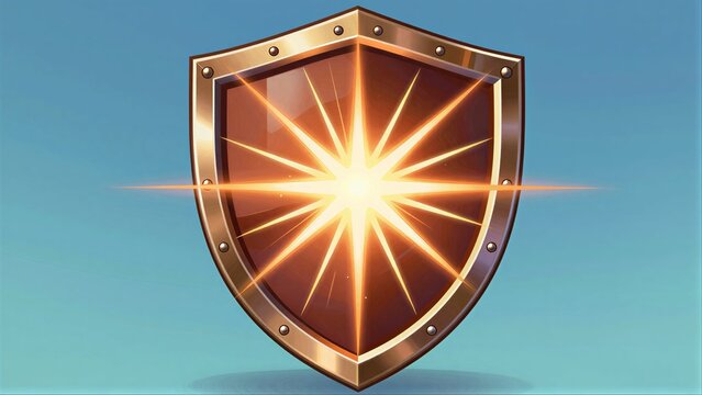 Golden shield radiates bright energy, symbolizing protection and power.