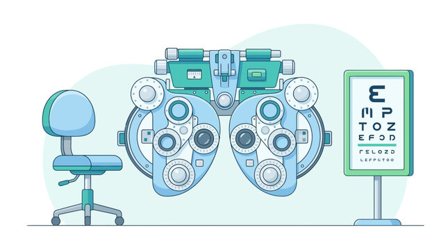 Optometry equipment: phoropter, eye chart, and chair, isolated on transparent background