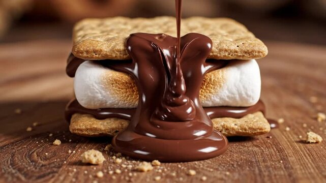 Delicious melted chocolate is poured over a fresh marshmallow and graham cracker s'more, a perfect treat
