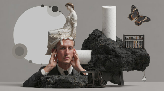 Mental stress, a businessman holds his temples beneath a classical statue, surrounded by dark rocks, an abacus and a butterfly in a surreal composition.