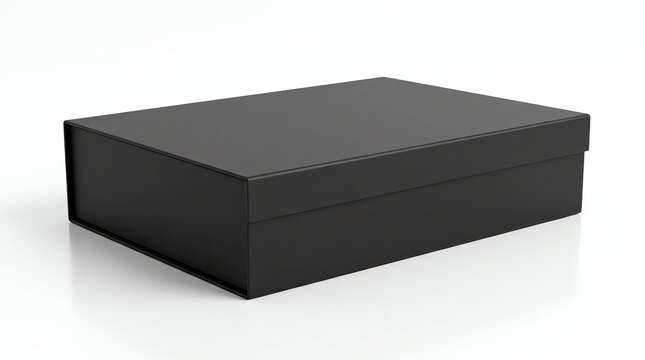Black horizontal thin blank box from front top side angle. 3D illustration isolated on white background