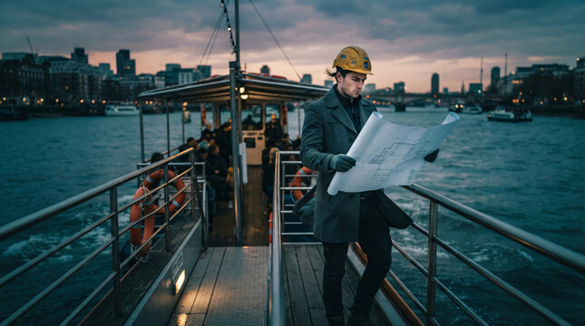 Young male construction engineer grey trench coat safety hardhat helmet standing open deck passenger water ferry boat dusk holding reviewing paper blueprint map scroll