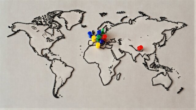 Colorful pins mark locations on a stitched world map, hinting at global journeys.