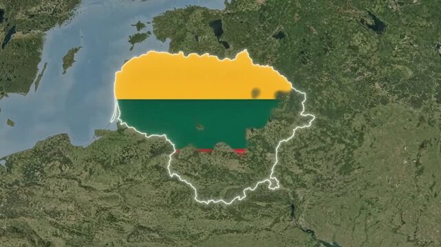 Satellite view of Lithuania country map with national flag colors yellow green and red overlay geography concept of Baltic region