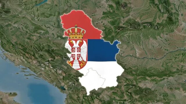 Satellite Map of Serbia with National Flag Outline and Surrounding Balkan Terrain Topography