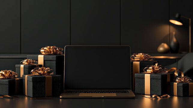 Open laptop computer centered among stacked black gift boxes tied with metallic gold ribbons in a moody interior room.