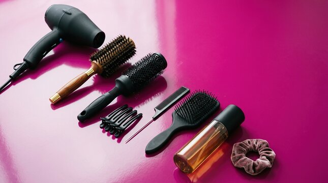 Hairdressing tools arranged on a pink surface