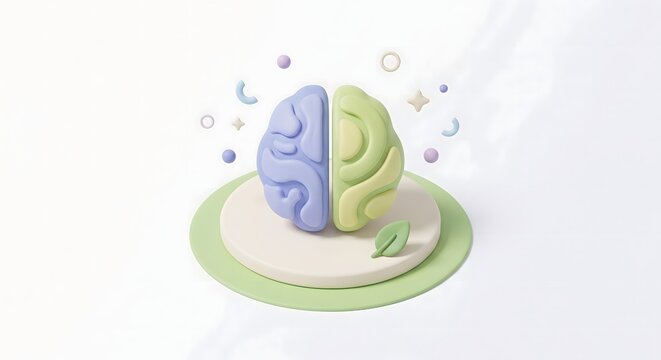 Generative AI illustration of a balanced human brain on a circular platform with a green leaf, symbolizing mental health, harmony, and wellbeing.