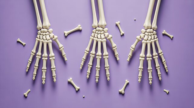 Skeletal hands and scattered bones arranged on a purple background for halloween
