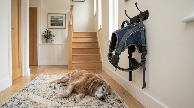 Old golden retriever sleeping on rug in bright home hallway. Dog harness hanging on wall hook by wooden staircase. Pet care and dog walking equipment. Domestic interior with dog at rest.