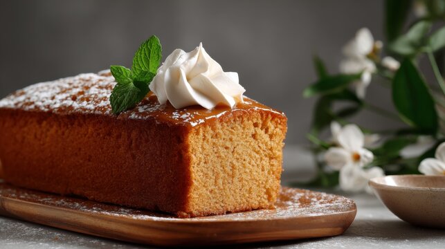 Freshly Baked Vanilla Cake with Whipped Cream and Mint Garnish