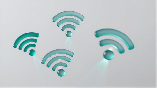 Wireless signals connect devices with glowing teal icons against a soft gray background.