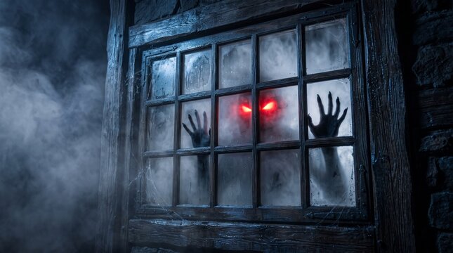 Creepy creature with glowing red eyes pressing against foggy window in dark setting