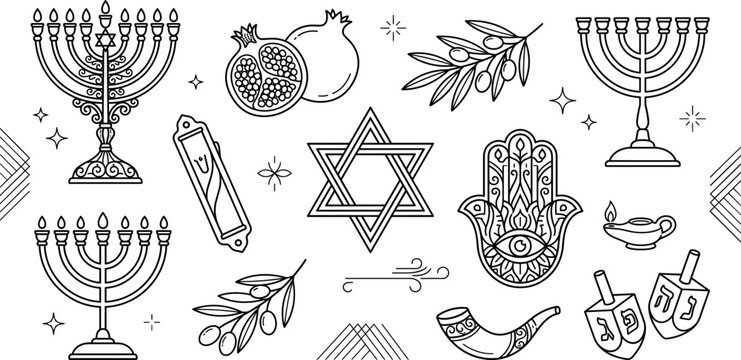 Hanukkah vector elements set with line art menorah star of david hamsa shofar dreidel and jewish holiday illustrations
