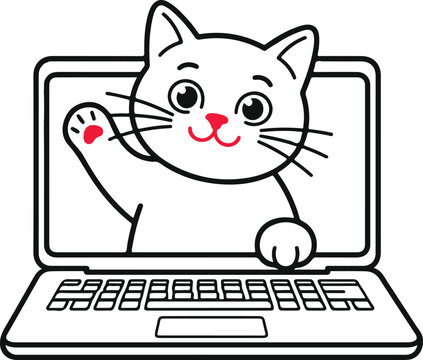 A charming cartoon cat cheerfully waves hello from a laptop screen illustrating the ideas of virtual connection and modern digital communication