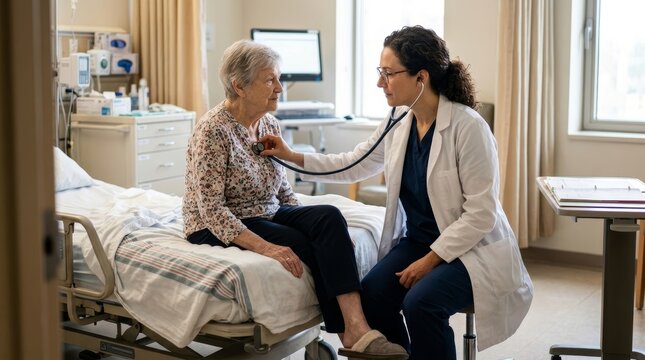 Female doctor listening to senior womans chest with stethoscope in hospital ward. Elderly patient examination on hospital bed. Medical checkup and geriatric healthcare. Doctor patient care.