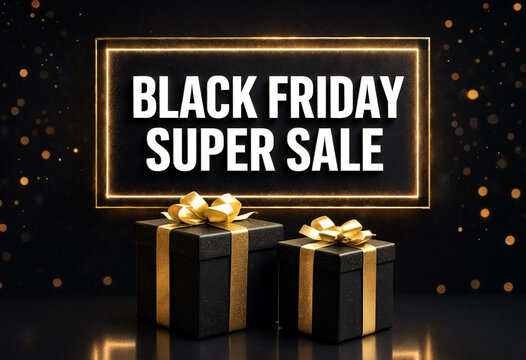 Black Friday Super Sale Gift Boxes Display With Golden Ribbon